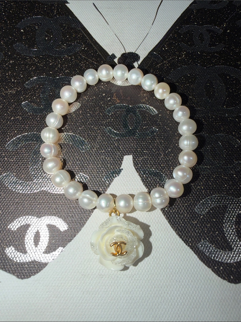 Upcycled CC Pearl Stretchy Bracelet White Rose Charm Jewelry
